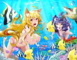 2girls air_bubble animal_ears barefoot blonde_hair breath coral fish fox fox_ears fox_tail freediving holding_breath long_hair multiple_girls ocean open_mouth original personification purple_hair red_eyes sea_turtle summer swimming swimsuit tail turtle underwater 