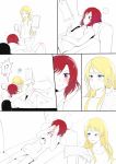  ! !? 2girls ayase_eli blonde_hair blush closed_eyes comic couch covering_face cup frown green_eyes heart hood hoodie kiss kuma_(bloodycolor) love_live! love_live!_school_idol_project lying mug multiple_girls nishikino_maki on_back one_eye_closed open_mouth paper redhead silent_comic spoken_exclamation_mark spoken_heart spoken_interrobang sweat violet_eyes yuri 