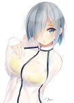  1girl alternate_costume arm_behind_back blue_eyes breasts commentary_request eyebrows hair_ornament hair_over_one_eye hairclip hamakaze_(kantai_collection) highres kantai_collection large_breasts long_sleeves looking_at_viewer short_hair simple_background solo sportswear tebi_(tbd11) white_background white_hair 