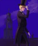  axis_powers_hetalia bad_id big_ben blonde_hair cane formal gloves hat hat_tip highres lanka male night outdoors short_hair solo suit top_hat tower united_kingdom united_kingdom_(hetalia) vest victorian white_gloves 