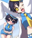  bent_over between_breasts blue_eyes blue_hair blush breast_hold breasts cuffs dark_persona dual_persona handcuffs hat labcoat large_breasts midriff necktie open_mouth persona persona_4 shirogane_naoto short_hair wink yellow_eyes 