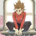  barefoot brown_hair lloyd_irving male red_eyes shimabara tales_of_(series) tales_of_symphonia window 