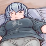  breasts clothes_writing large_breasts lowres rozen_maiden rozenweapon silver_hair sleeping suigintou t-shirt 