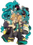  aqua_eyes aqua_hair blonde_hair closed_eyes detached_sleeves hair_ornament hair_ribbon hairclip hatsune_miku headphones highres kagamine_len kagamine_rin long_hair nasou necktie ninton ribbon short_hair shorts siblings sleeping thigh-highs thighhighs twins twintails vocaloid 