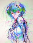 ayanami_rei blue_hair hair_ornament hairclip highres neon_genesis_evangelion open_mouth plugsuit red_eyes short_hair stare traditional_media watercolor watercolor_(medium) 