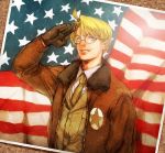  ahoge america america_(hetalia) american_flag axis_powers_hetalia blonde_hair blue_eyes bomber_jacket flag glasses gloves male military military_uniform necktie photo photo_(object) salute short_hair smile solo star uniform yurizuka_(sergeant_heart) zotaro515 