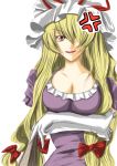  &gt;:) &gt;:d :d anger_vein angry bad_id bangs blonde_hair bow breast_hold breasts bust cleavage collarbone crossed_arms dress elbow_gloves gloves hair_bow hair_over_one_eye hair_ribbon hat hat_bow long_hair open_mouth purple_dress r0g0b0 ribbon simple_background smile solo touhou very_long_hair white_background yakumo_yukari yellow_eyes 