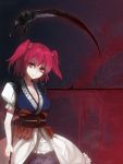  alternate_weapon bad_id blood breasts cleavage hair_bobbles hair_ornament onomaru onozuka_komachi red_eyes red_hair redhead sasamori_tomoe scythe solo touhou twintails weapon 