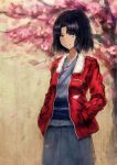  black_hair cherry_blossoms hands_in_pockets jacket kara_no_kyoukai petals qin red_jacket ryougi_shiki short_hair smile solo zipper 