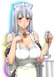  apron bare_shoulders blush breasts cat_ears cleavage cooking food huge_breasts ladle large_breasts long_hair pot red_eyes selvaria_bles senjou_no_valkyria senjou_no_valkyria_1 silver_hair solo soup sweatdrop ueyama_michirou 