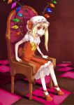  armchair bad_id blonde_hair chair checkered checkered_floor english flandre_scarlet hao_(patinnko) hat highres kneehighs patinnko ponytail red_eyes short_hair side_ponytail sitting solo touhou white_legwear wings 