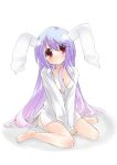  bad_id barefoot bottomless breasts bunny_ears cleavage feet long_hair nanatsu purple_hair rabbit_ears red_eyes reisen_udongein_inaba sitting smile solo touhou v_arms wariza white_shirt 