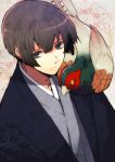  axis_powers_hetalia bird bird_on_shoulder black_hair blue_eyes eterno floral_pattern floral_print japan_(hetalia) japanese_clothes male short_hair solo traditional_japanese_clothes 