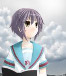  brown_eyes cloud clouds nagato_yuki purple_hair school_uniform short_hair suzumiya_haruhi_no_yuuutsu usakuma 