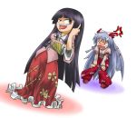 aduman angry azzie_(az_man_studios) bad_id bangs black_hair blunt_bangs fujiwara_no_mokou grey_hair hime_cut houraisan_kaguya long_hair long_skirt middle_finger skirt tears tongue touhou