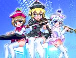  blonde_hair blue_eyes blue_hair bow_(instrument) brown_eyes brown_hair hat instrument keyboard keyboard_(instrument) lunasa_prismriver lyrica_prismriver merlin_prismriver multiple_girls panties siblings sisters sukiyo thigh-highs thighhighs touhou trumpet underwear violin yellow_eyes zettai_ryouiki 