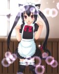  amamiya_minato animal_ears bad_id black_hair blush bubble cat_ears cat_pose cat_tail enmaided flat_chest garters highres k-on! long_hair maid maid_headdress nakano_azusa paw_pose payot red_eyes solo sparkle tail thigh-highs thighhighs twintails zettai_ryouiki 