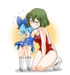  adapted_costume ass blood blue_hair blush boots bow child cirno closed_eyes green_hair hair_bow height_difference hug kazami_yuuka kneeling miyaji multiple_girls one-piece_swimsuit school_swimsuit smile swimsuit swimsuit_costume tiptoes touhou white_school_swimsuit wings wrestler wrestling wrestling_outfit 