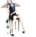  angel black_gloves blue_rose dress flower gloves green_eyes grey_hair high_heels jewelry necklace original rose shoes silver_hair sitting solo v8 wings 