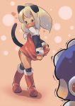  blonde_hair blush green_eyes long_hair ponytail rockman rockman_(character) rockman_(classic) rockman_(original) roll skirt_pull tail ushihashiru 