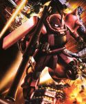  bazooka explosion gundam highres mecha mobile_suit_gundam space weapon zaku zaku_ii zaku_ii_f/j zaku_ii_s_char_custom 