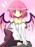  animal_ears bare_shoulders black_legwear blush bow breasts camisole choker cleavage contemporary detached_sleeves kneeling large_bow looking_down mystia_lorelei pink_eyes pink_hair pleated_skirt ribbon short_hair sitting skirt solo thigh-highs thighhighs touhou urimono v_arms wariza wings zettai_ryouiki 