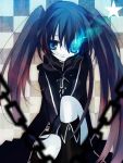  black_hair black_rock_shooter black_rock_shooter_(character) boots cape chain chains comic glowing glowing_eyes hanepochi highres long_hair solo twintails 