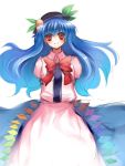 arms_behind_back blue_hair bow hat hinanawi_tenshi long_hair long_skirt red_eyes rie_(artist) rie_(reverie) skirt smile solo touhou
