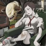  broken_ankle brown_hair demon dislocated_leg horns mo-mo-ride open_mouth original pale_skin school_uniform serafuku shoes short_hair sitting sneakers television 