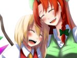  blonde_hair blush bow braid bust closed_eyes flandre_scarlet hair_bow hat hong_meiling laughing multiple_girls no_hat no_headwear open_mouth oyaji_kusa red_hair touhou twin_braids wings 