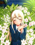  blazer blonde_hair blush closed_eyes eyebrows flower hands hands_together happy k-on! kotobuki_tsumugi lily_(flower) lily_of_the_valley long_hair looking_at_viewer lunch_(artist) rose school_uniform smile solo white_rose 