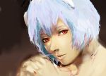  background blue_hair hands_clasped lips neon_genesis_evangelion nose nude open_mouth realistic red_eyes shonimoro stare 