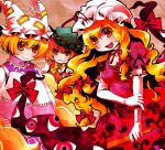  3girls animal_ears blonde_hair brown_hair cat_ears chen elbow_gloves fan fox_tail gap gloves hair_ribbon hat long_hair moonyan multi_tail multiple_girls multiple_tails ribbon short_hair tail touhou yakumo_ran yakumo_yukari yellow_eyes 