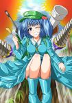  backpack bag blue_eyes blue_hair breasts drill grin hair_bobbles hair_ornament hat highres kawashiro_nitori large_breasts shangorilla sitting smile solo touhou twintails wink 