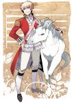  animal axis_powers_hetalia blonde_hair eterno eyebrows frills gathers green_eyes grin male pet postcard ruffles short_hair silver_hair smile solo unicorn united_kingdom_(hetalia) 