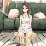  barefoot blush brown_hair couch dress feet foreshortening long_hair lowres mo-mo-ride original pillow sitting sundress 