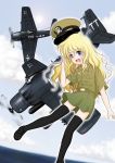  blonde_hair blue_eyes douglas_a-1 grumman_f8f hat highres military military_uniform navy peaked_cap sakurato_tsuguhi salute thigh-highs thighhighs uniform world_war_ii wwii 