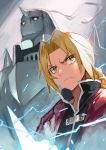  &gt;:( 2boys alphonse_elric armor blonde_hair blurry braid brothers depth_of_field edward_elric electricity fullmetal_alchemist height_difference highres horn long_hair looking_to_the_side male_focus matsui_hiroaki multiple_boys ponytail serious siblings spikes yellow_eyes 