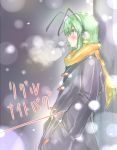  1girl alternate_costume antennae blush breath character_name coat earmuffs green_eyes green_hair hands_in_pockets long_sleeves ototobe profile scarf solo standing touhou winter winter_clothes wriggle_nightbug 
