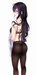 &gt;:o 1girl :o ass beifeng_han black_bra black_hair black_legwear blush bra breasts crotch_seam from_behind hair_between_eyes highres large_breasts long_hair looking_at_viewer looking_back md5_mismatch miyaura_sanshio open_mouth original panties panties_under_pantyhose pantyhose profile simple_background solo thighband_pantyhose thighs thong underwear underwear_only undressing violet_eyes white_background 
