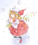  1girl :o ascot black_legwear blonde_hair blush bow breath earmuffs flandre_scarlet frills from_above hat hat_bow long_sleeves looking_at_viewer mob_cap open_mouth ototobe red_eyes red_shoes red_skirt scarf shoes simple_background sketch skirt snow snowing solo standing touhou wings winter winter_clothes 