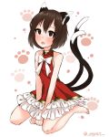  1girl alternate_costume animal_ears bare_legs brown_eyes brown_hair cat_ears cat_tail chen dress egret frilled_dress frills highres multiple_tails nekomata open_mouth red_dress short_hair solo tail touhou two_tails 