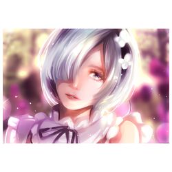  1girl backlighting blue_eyes blue_hair blurry depth_of_field hair_over_one_eye head_tilt highres letterboxed maid maid_headdress mike.zen parted_lips portrait re:zero_kara_hajimeru_isekai_seikatsu red_lips rem_(re:zero) short_hair solo sparkle 