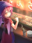  1girl ;) animal_ears apron bird_wings blush borushichi chopsticks clenched_hand commentary_request food_stand grill head_scarf highres japanese_clothes kimono looking_at_viewer mystia_lorelei noren obi oden okamisty one_eye_closed pink_eyes pink_hair plate red_kimono sash short_hair smile solo tasuki touhou wings yatai 