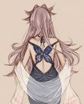  1girl back butterfly_ornament dress from_behind jun&#039;you_(kantai_collection) kantai_collection long_hair purple_dress purple_hair r_(shioaji) shawl sketch solo spiky_hair 