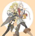 2girls ;) ahoge back-to-back black_legwear blonde_hair book boots braid breasts cape center_opening circlet cleavage dress eponine_(fire_emblem_if) fire_emblem fire_emblem_if grey_hair hairband kannawataame locked_arms long_hair multiple_girls one_eye_closed ophelia_(fire_emblem_if) short_dress simple_background smile thigh-highs twin_braids 