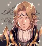  1boy armor artist_name blonde_hair brown_eyes eyebrows eyebrows_visible_through_hair fire_emblem fire_emblem_if grey_background kanapy male_focus marx_(fire_emblem_if) petals portrait serious solo tiara 