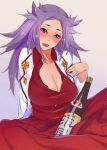  1girl blouse bottle breasts cleavage dek hakama head_tilt huge_breasts japanese_clothes jun&#039;you_(kantai_collection) kantai_collection long_hair looking_at_viewer open_clothes open_shirt purple_hair sake_bottle shirt sitting solo spiky_hair violet_eyes 