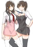  2girls akagi_(kantai_collection) arm_around_waist bangs black_legwear breast_press breasts brown_hair cleavage cleavage_cutout commentary_request fukuroumori hand_on_another&#039;s_hip hand_on_hip kaga_(kantai_collection) kantai_collection large_breasts long_hair looking_at_viewer multiple_girls necktie necktie_grab neckwear_grab orange_eyes side_ponytail sidelocks sketch sleeves_rolled_up smile suspenders thigh-highs white_background white_legwear 