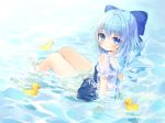  1girl alternate_costume arm_support blue_bow blue_eyes blue_hair blush bow cirno closed_mouth commentary_request full_body hair_bow hym9594 ice ice_wings lens_flare looking_at_viewer partially_submerged pool puffy_short_sleeves puffy_sleeves rubber_duck school_swimsuit see-through_silhouette shirt short_hair short_sleeves smile solo sunlight swimsuit swimsuit_under_clothes touhou wet wet_clothes white_shirt wings 
